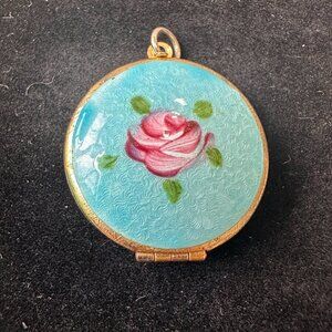 Floral Enamel Brass Photo Locket Pendant Vintage Gold Tone